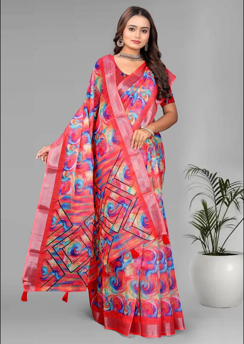 pink linen  digital print saree (multi)