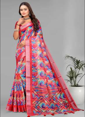pink linen  digital print saree (multi) 3