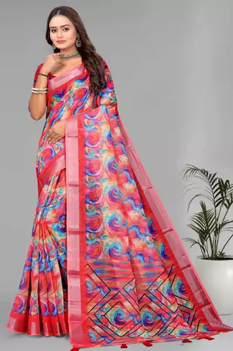 pink linen  digital print saree (multi)