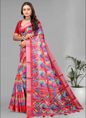 pink linen  digital print saree (multi) 4