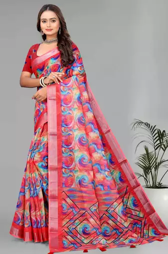 pink linen  digital print saree (multi)