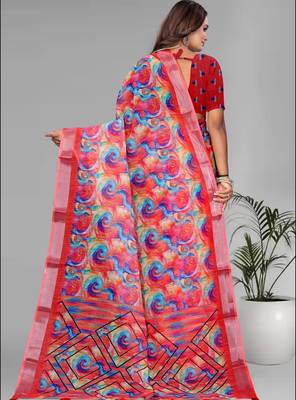 pink linen  digital print saree (multi) 5