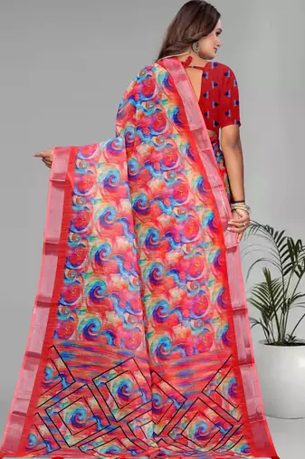 pink linen  digital print saree (multi)