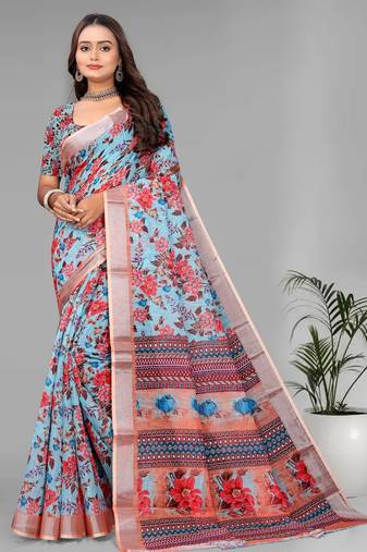 sky blue  linen  digital print saree