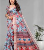 sky blue  linen  digital print saree