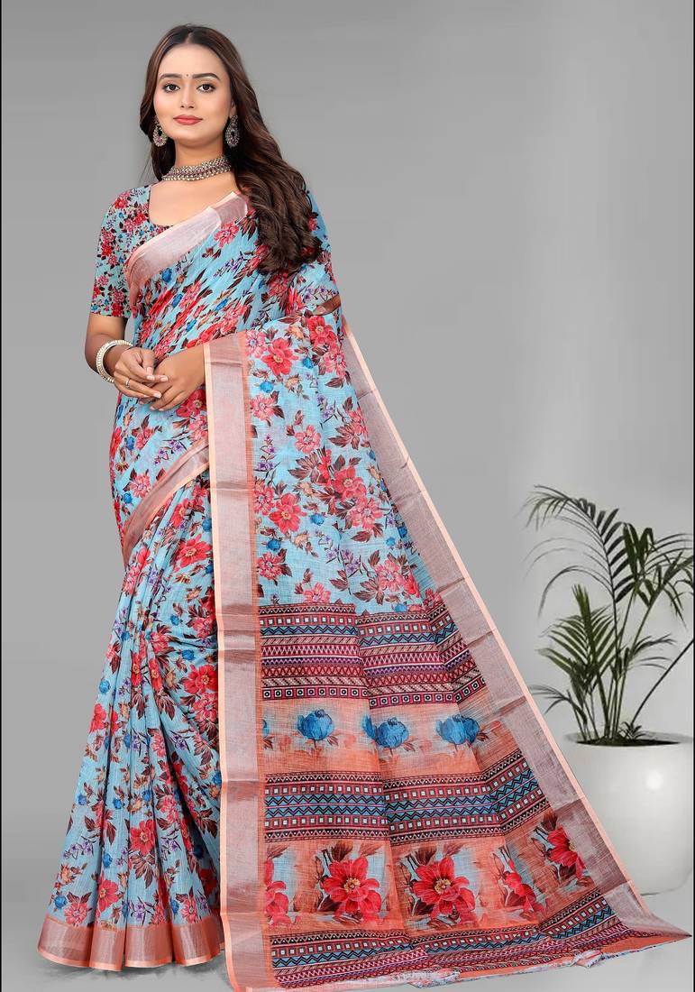 sky blue  linen  digital print saree