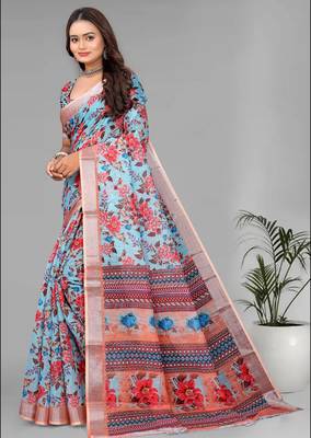 sky blue  linen  digital print saree 3