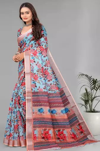 sky blue  linen  digital print saree