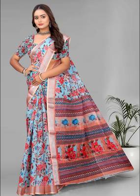 sky blue  linen  digital print saree 4