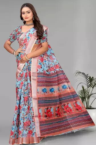 sky blue  linen  digital print saree