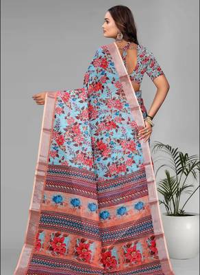 sky blue  linen  digital print saree 5