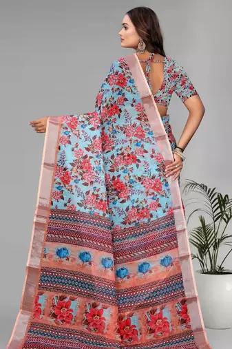 sky blue  linen  digital print saree