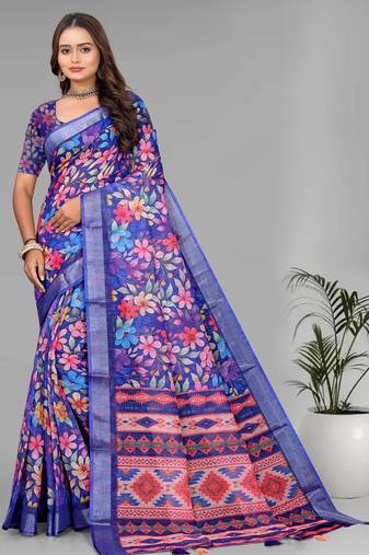 blue floral linen cotton digital print saree (purple)
