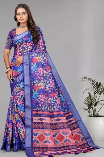 blue floral linen cotton digital print saree (purple)