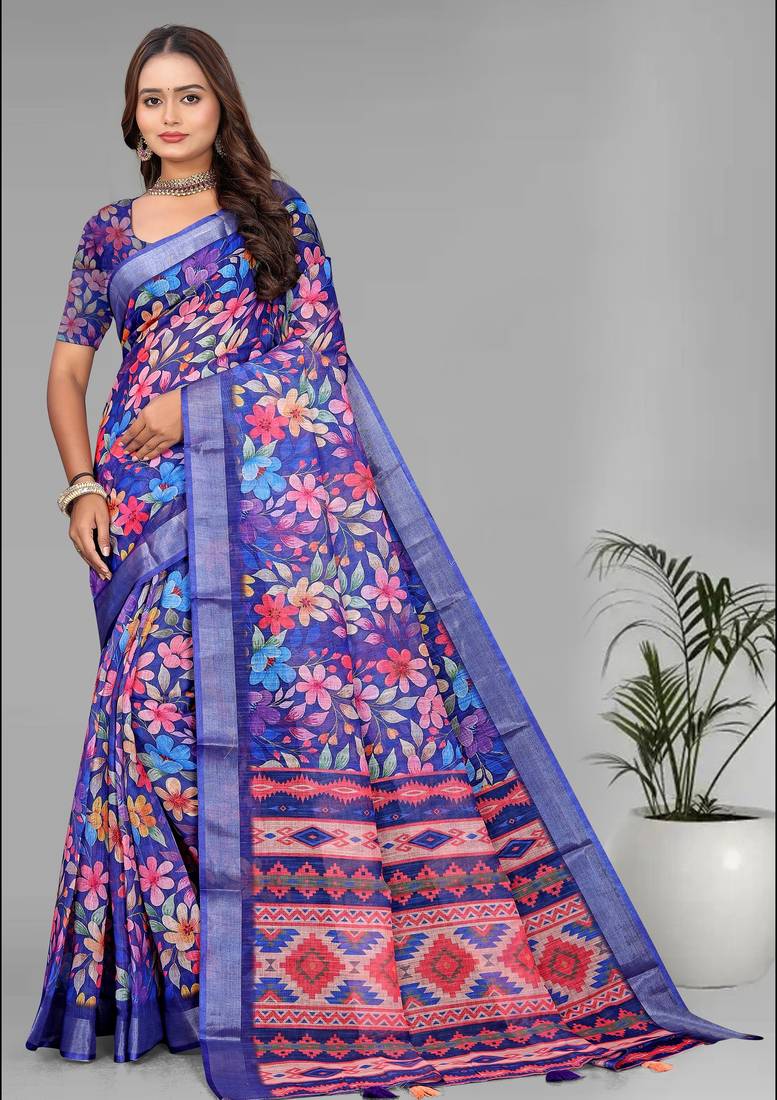 blue floral linen cotton digital print saree (purple)