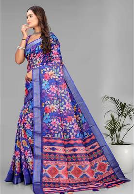 blue floral linen cotton digital print saree (purple) 3
