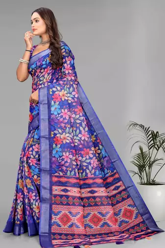 blue floral linen cotton digital print saree (purple)