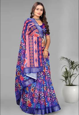 blue floral linen cotton digital print saree (purple) 4