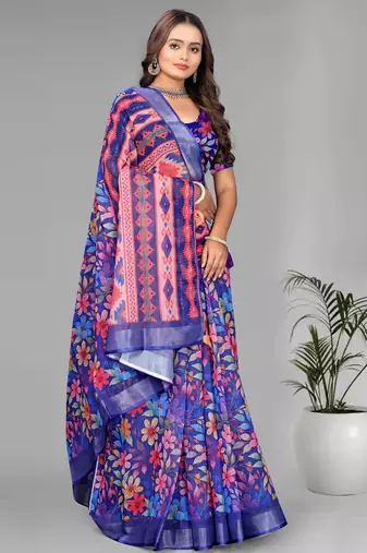 blue floral linen cotton digital print saree (purple)