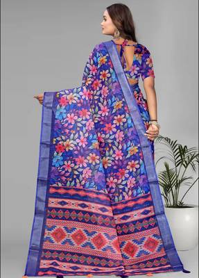 blue floral linen cotton digital print saree (purple) 5
