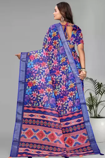 blue floral linen cotton digital print saree (purple)