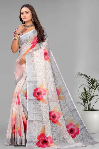 cream  linen  digital print saree (chicku)
