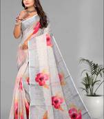 cream  linen  digital print saree (chicku)