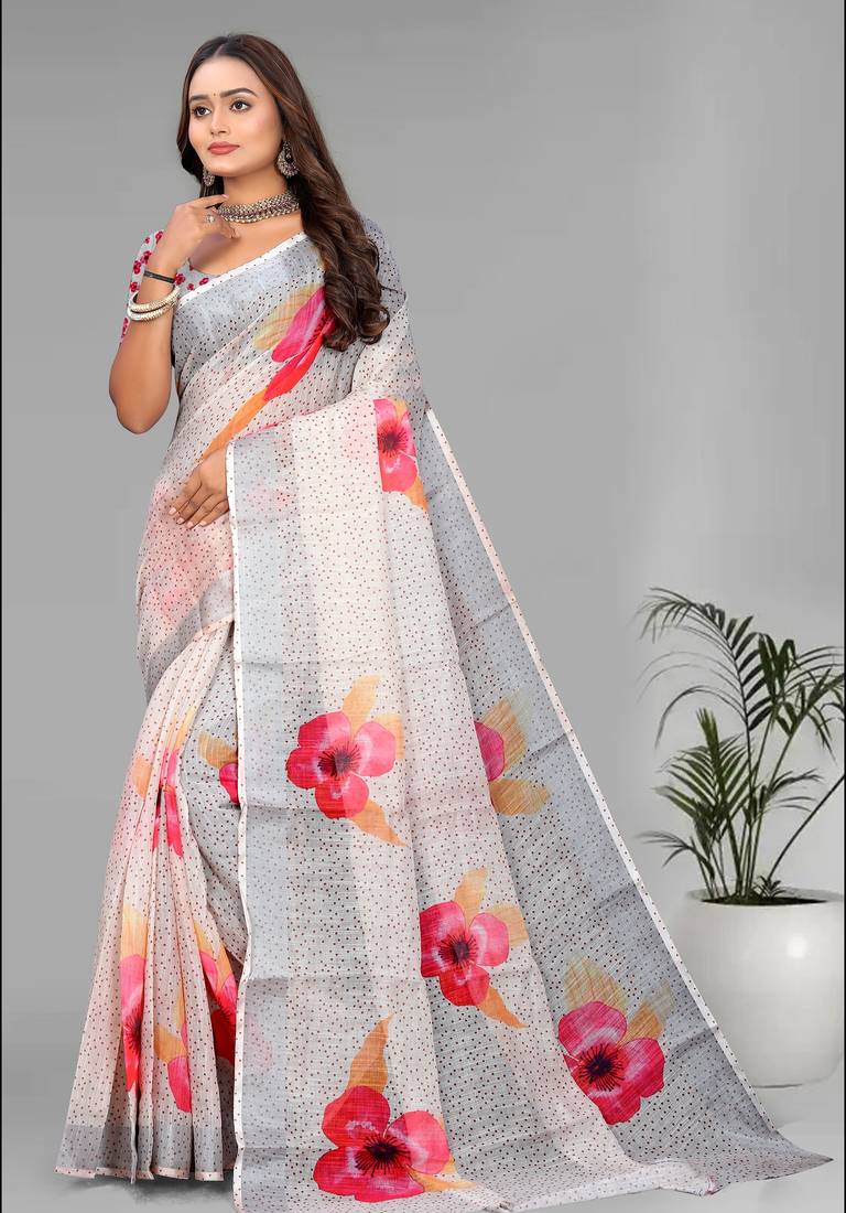 cream  linen  digital print saree (chicku)