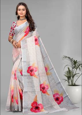 cream  linen  digital print saree (chicku) 3