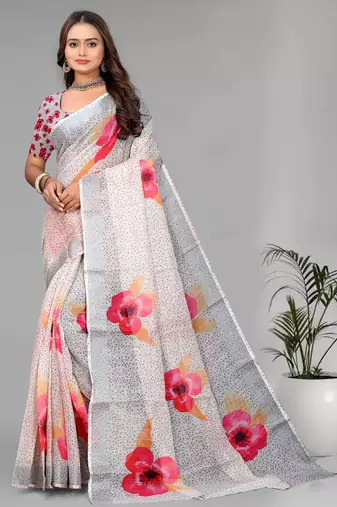 cream  linen  digital print saree (chicku)