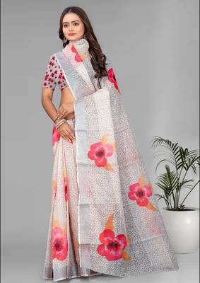 cream  linen  digital print saree (chicku) 4