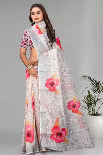 cream  linen  digital print saree (chicku)