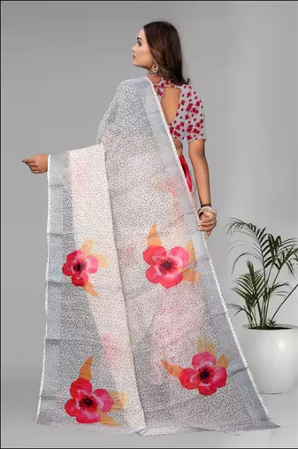 cream  linen  digital print saree (chicku)
