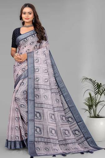 cream  linen  digital print saree (chicku)