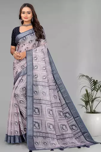 cream  linen  digital print saree (chicku)