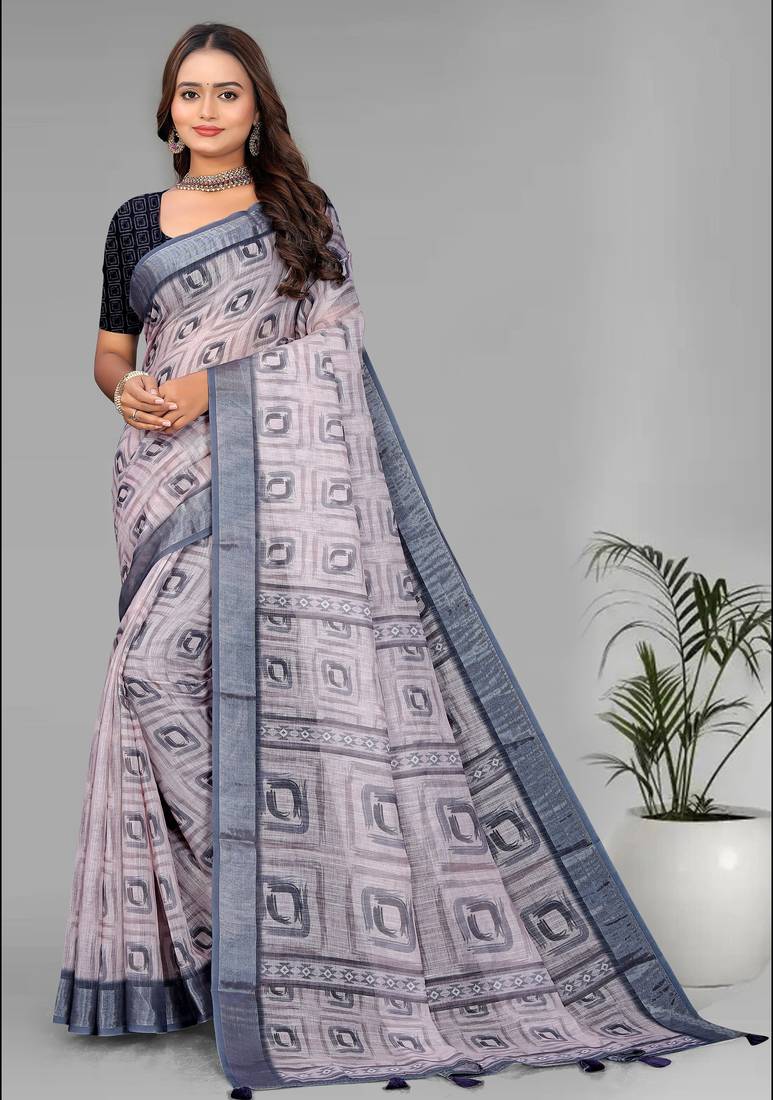 cream  linen  digital print saree (chicku)