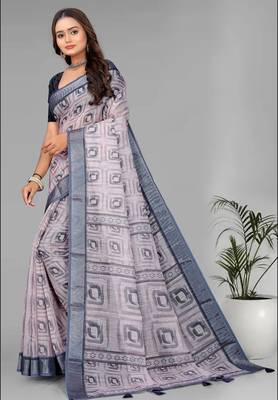 cream  linen  digital print saree (chicku) 3