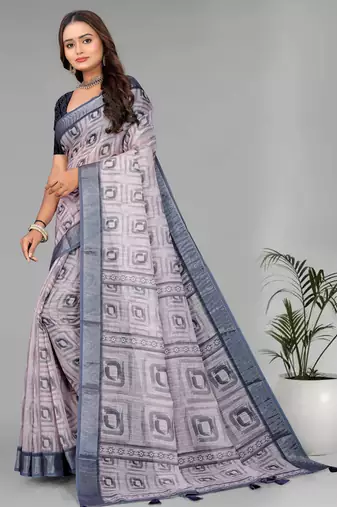 cream  linen  digital print saree (chicku)