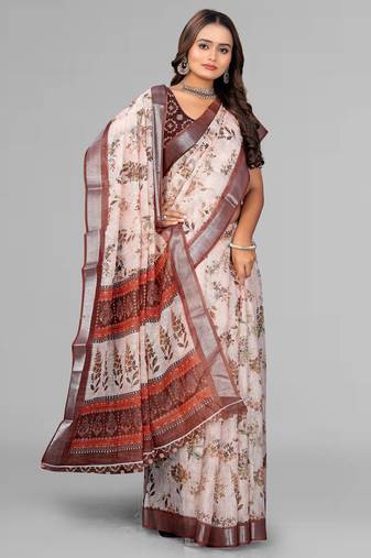cream  linen  digital print saree (chicku)