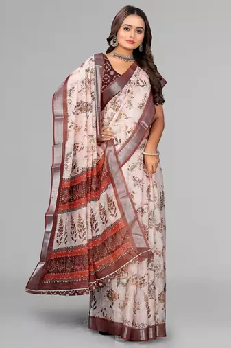cream  linen  digital print saree (chicku)