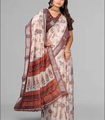 cream  linen  digital print saree (chicku)