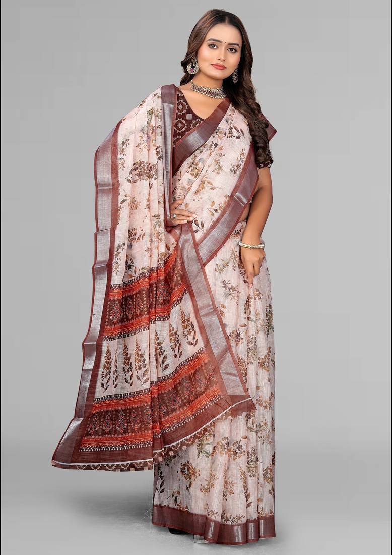 cream  linen  digital print saree (chicku)