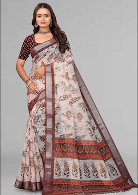 cream  linen  digital print saree (chicku) 3