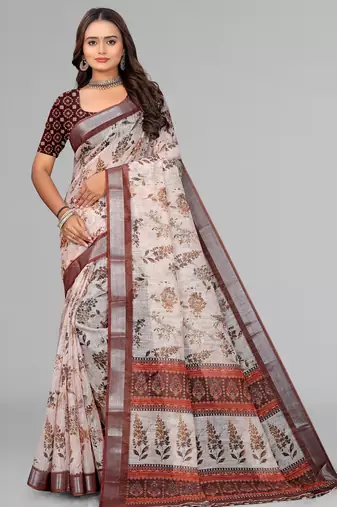 cream  linen  digital print saree (chicku)