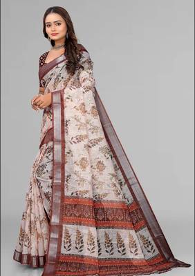 cream  linen  digital print saree (chicku) 4