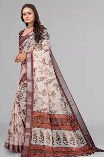 cream  linen  digital print saree (chicku)