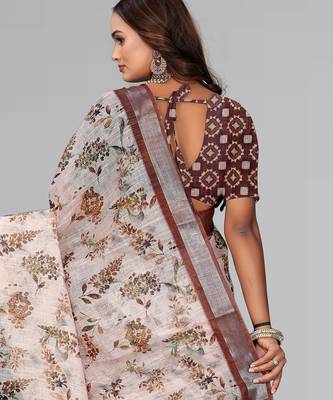 cream  linen  digital print saree (chicku) 5