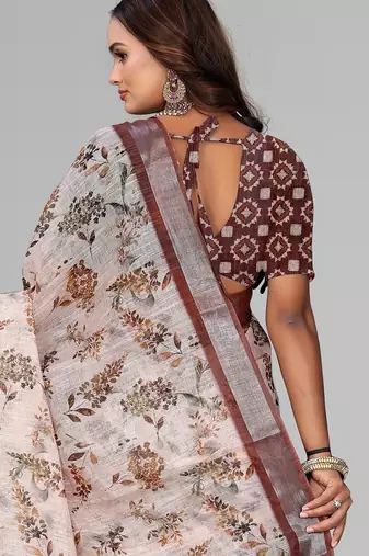 cream  linen  digital print saree (chicku)