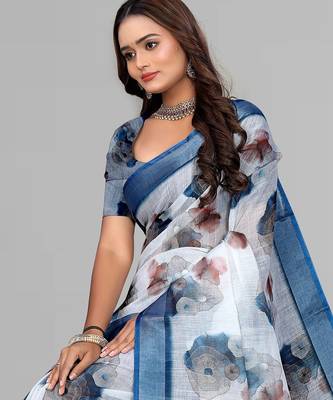white  linen  digital print saree (white) 1