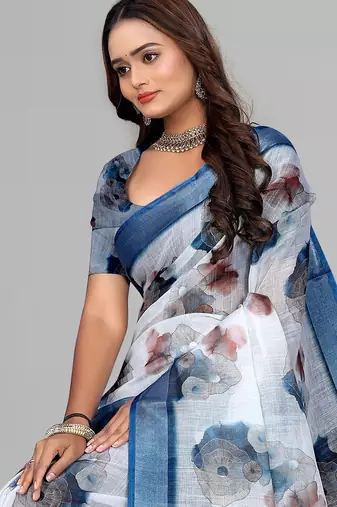 white  linen  digital print saree (white)